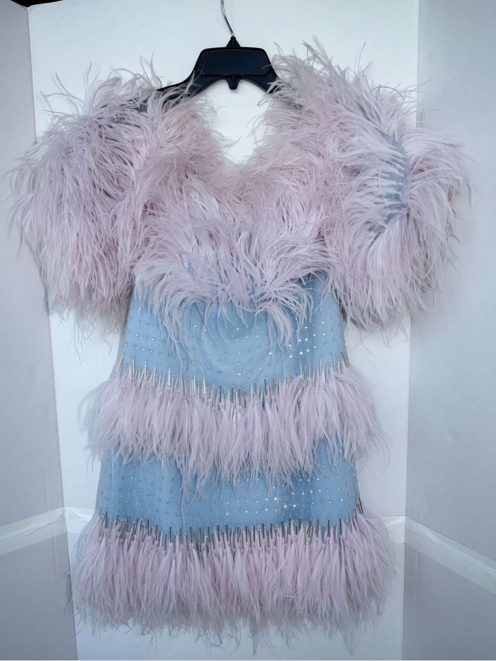 Off-Shoulder Ostrich Feather Trim Mini Dress in Pale Lavender